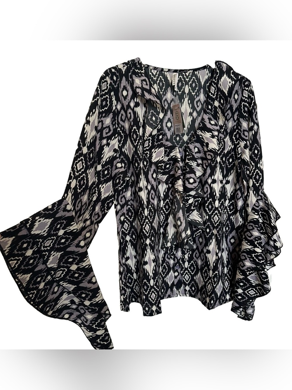 Roper Southwestern Ruffle Blouse XL V-Neck Bell Sleeve IKat NWT Rodeo NFR Aztec